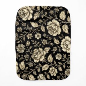 Vintage Gold Rose Floral Pattern on Black Baby Burp Cloth