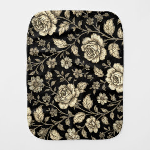 Vintage Gold Rose Floral Pattern on Black Baby Burp Cloth