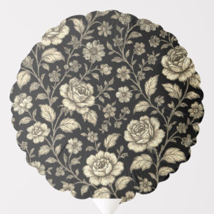 Vintage Gold Rose Floral Pattern on Black Balloon