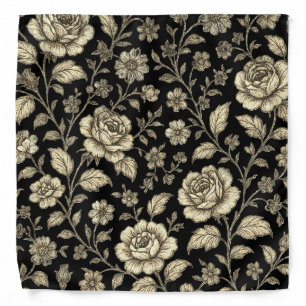 Vintage Gold Rose Floral Pattern on Black Bandana