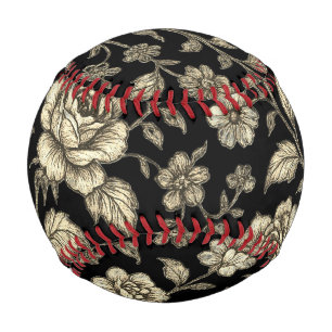 Vintage Gold Rose Floral Pattern on Black Baseball