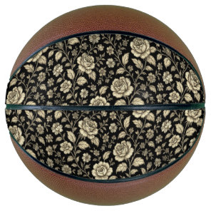 Vintage Gold Rose Floral Pattern on Black Basketball