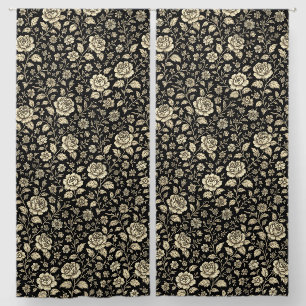 Vintage Gold Rose Floral Pattern on Black Blackout Curtains
