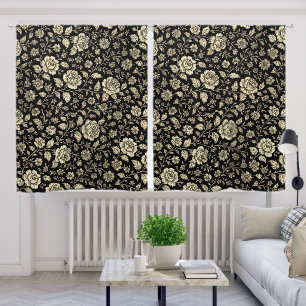 Vintage Gold Rose Floral Pattern on Black Blackout Curtains