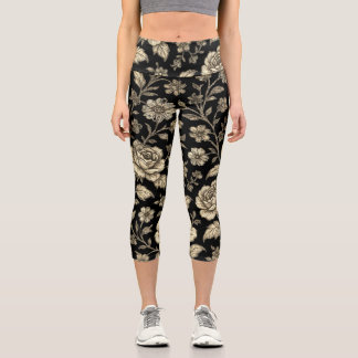 Vintage Gold Rose Floral Pattern on Black Capri Leggings