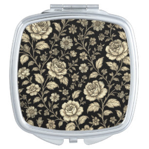 Vintage Gold Rose Floral Pattern on Black Compact Mirror