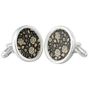 Vintage Gold Rose Floral Pattern on Black Cufflinks