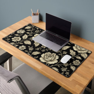 Vintage Gold Rose Floral Pattern on Black Desk Mat
