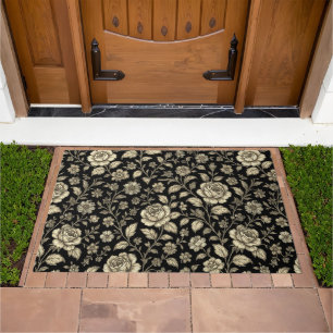 Vintage Gold Rose Floral Pattern on Black Doormat