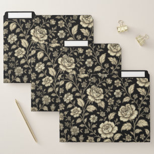 Vintage Gold Rose Floral Pattern on Black File Folder