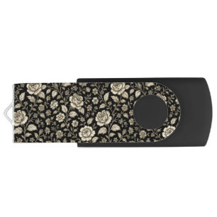 Vintage Gold Rose Floral Pattern on Black Flash Drive