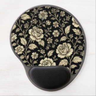 Vintage Gold Rose Floral Pattern on Black Gel Mouse Pad
