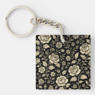 Vintage Gold Rose Floral Pattern on Black Keychain