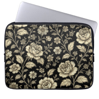 Vintage Gold Rose Floral Pattern on Black Laptop Sleeve