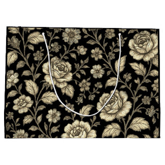 Vintage Gold Rose Floral Pattern on Black Large Gift Bag