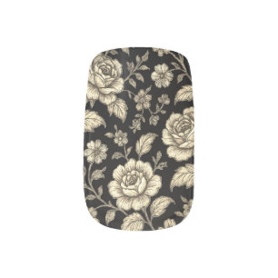 Vintage Gold Rose Floral Pattern on Black Minx Nail Art