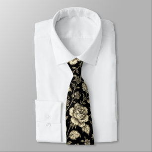 Vintage Gold Rose Floral Pattern on Black Neck Tie
