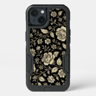 Vintage Gold Rose Floral Pattern on Black iPhone 13 Case
