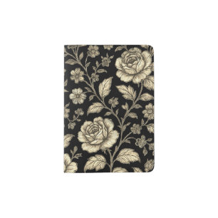 Vintage Gold Rose Floral Pattern on Black Passport Holder