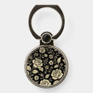 Vintage Gold Rose Floral Pattern on Black Phone Ring Stand