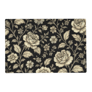 Vintage Gold Rose Floral Pattern on Black Placemat