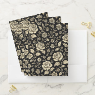 Vintage Gold Rose Floral Pattern on Black Pocket Folder
