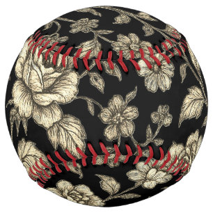 Vintage Gold Rose Floral Pattern on Black Softball