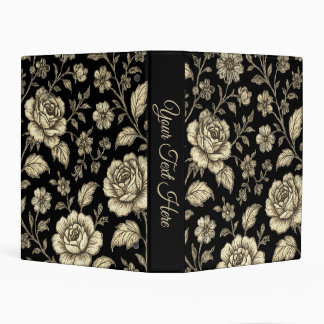 Vintage Gold Rose Floral Pattern on Black Text Mini Binder