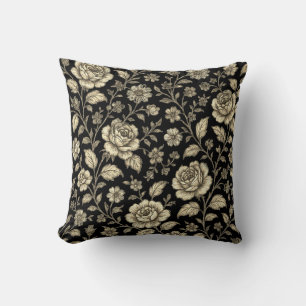 Vintage Gold Rose Floral Pattern on Black Throw Pillow