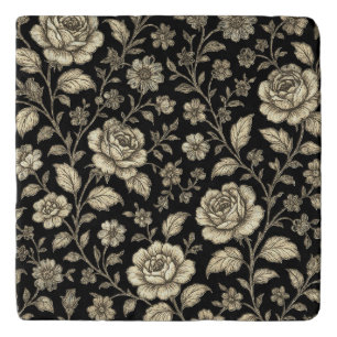 Vintage Gold Rose Floral Pattern on Black Trivet
