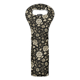 Vintage Gold Rose Floral Pattern on Black Wine Bag