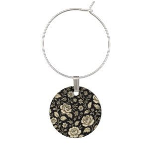 Vintage Gold Rose Floral Pattern on Black Wine Charm
