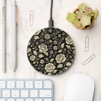 Vintage Gold Rose Floral Pattern on Black Wireless Charger