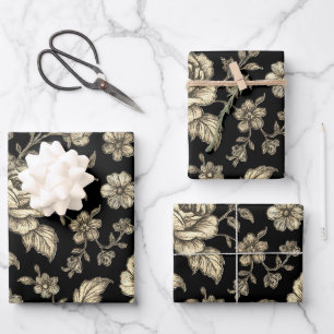 Vintage Gold Rose Floral Pattern on Black Wrapping Paper Sheets