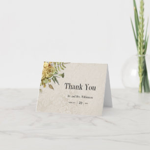 Vintage Gold Roses Rustic Fading Damask Wedding Thank You Card