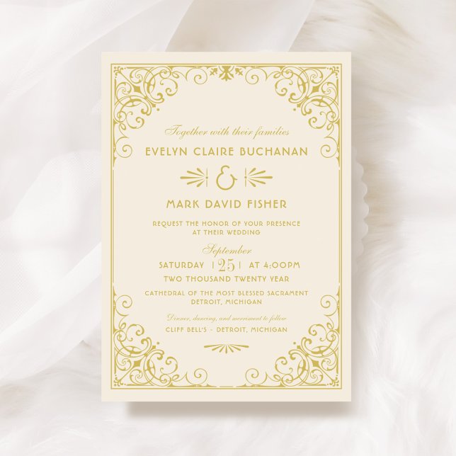 Vintage Gold Scrollwork Art Deco Wedding Invitation (Creator Uploaded)