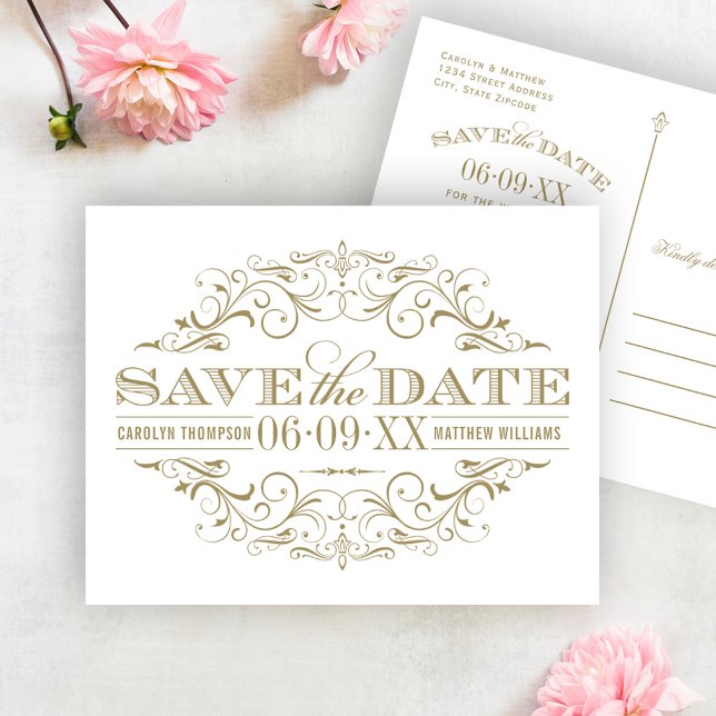 Vintage Gold Scrollwork White Save the Date (Creator Uploaded)