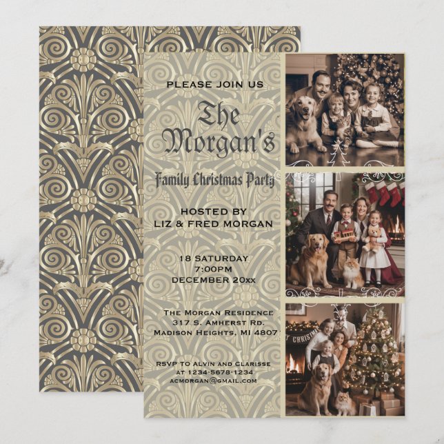 Vintage Gold & Sepia Family Christmas Party Holiday Card (Front/Back)