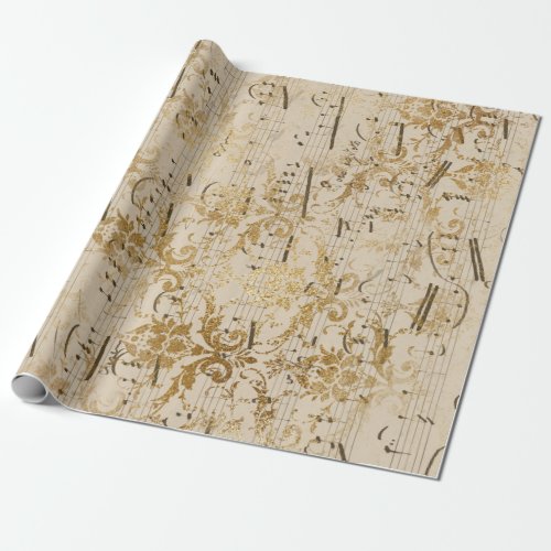 Vintage Gold Sheet Music with Scrollwork Wrapping Paper