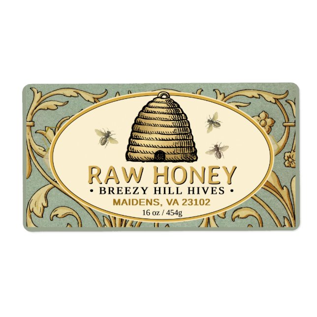 Vintage Gold Skep with Honeybees Rectangle Honey   Label (Front)