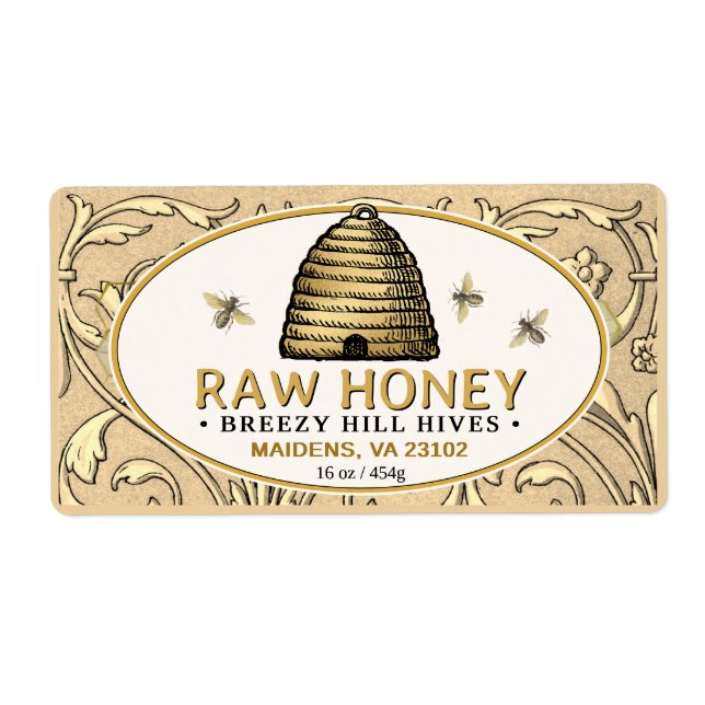 Vintage Gold Skep with Honeybees Rectangle Honey   Label (Front)