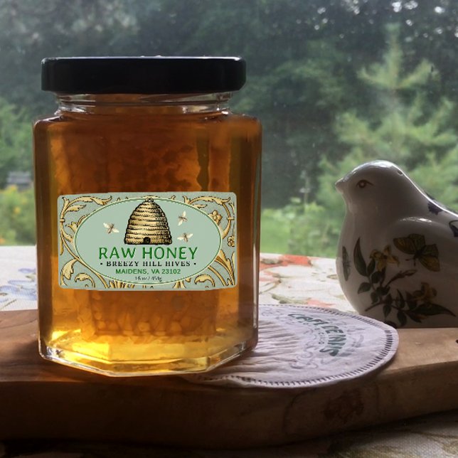 Vintage Gold Skep with Honeybees Rectangle Honey   Label (Creator Uploaded)