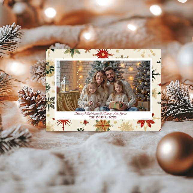 Vintage Gold Snowflakes photo Flat Holiday Card (Vintage Gold Snowflakes photo Flat Holiday Card)