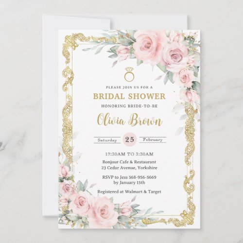 Vintage Gold Soft Blush Pink Floral Bridal Shower  Invitation