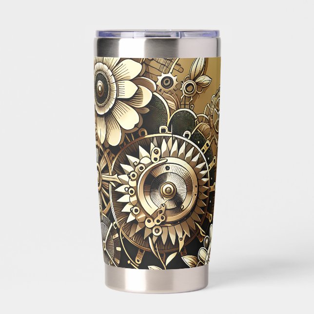 Vintage Gold Steampunk Metal Gears and Flowers Insulated Tumbler (Front)