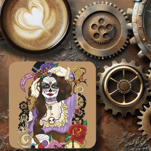 Vintage Gold Steampunk Sugar Skull Purple Coaster