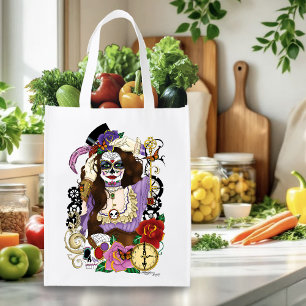 Vintage Gold Steampunk Sugar Skull Purple Grocery Bag