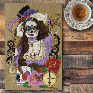 Vintage Gold Steampunk Sugar Skull Purple Jigsaw Puzzle