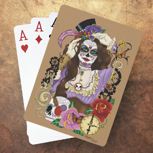 Vintage Gold Steampunk Sugar Skull Purple Poker Cards