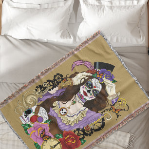 Vintage Gold Steampunk Sugar Skull Purple Throw Blanket
